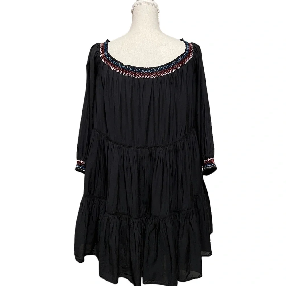 FREE PEOPLE BLACK EMBROIDERED OFF THE SHOULDER TIERED DRESS SIZE MEDIUM